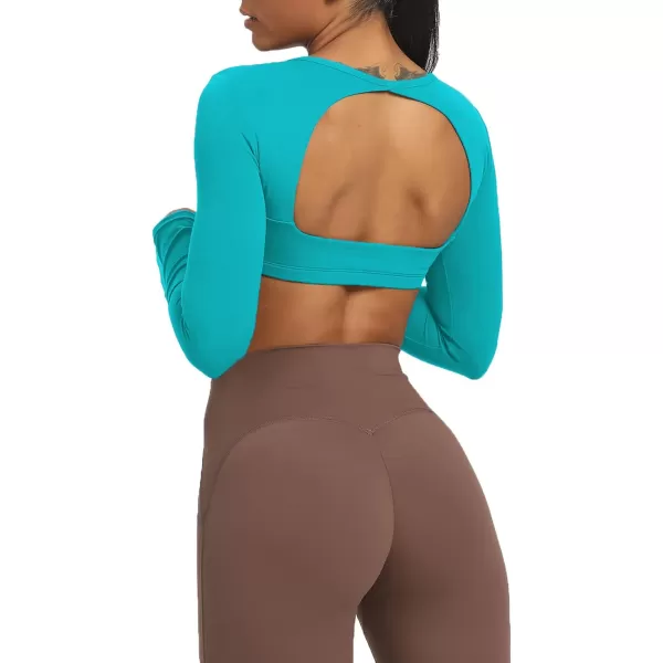 Aoxjox Long Sleeve Crop Tops for Women Clarissa Backless Workout Crop T Shirt TopCascade Blue