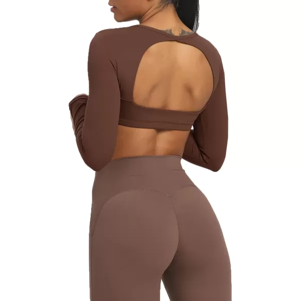 Aoxjox Long Sleeve Crop Tops for Women Clarissa Backless Workout Crop T Shirt TopDark Brown