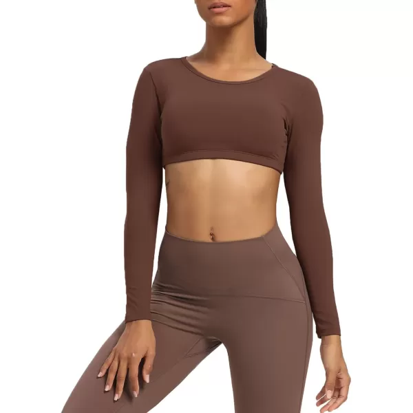 Aoxjox Long Sleeve Crop Tops for Women Clarissa Backless Workout Crop T Shirt TopDark Brown