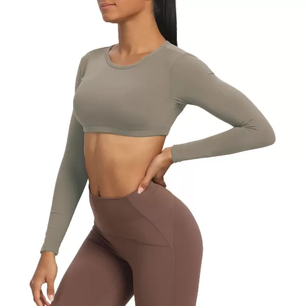 Aoxjox Long Sleeve Crop Tops for Women Clarissa Backless Workout Crop T Shirt TopDriftwood