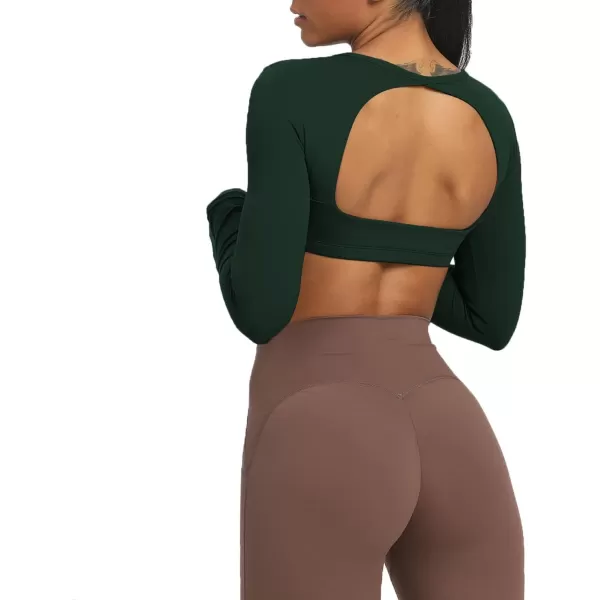 Aoxjox Long Sleeve Crop Tops for Women Clarissa Backless Workout Crop T Shirt TopForest Green Deep Depths Green