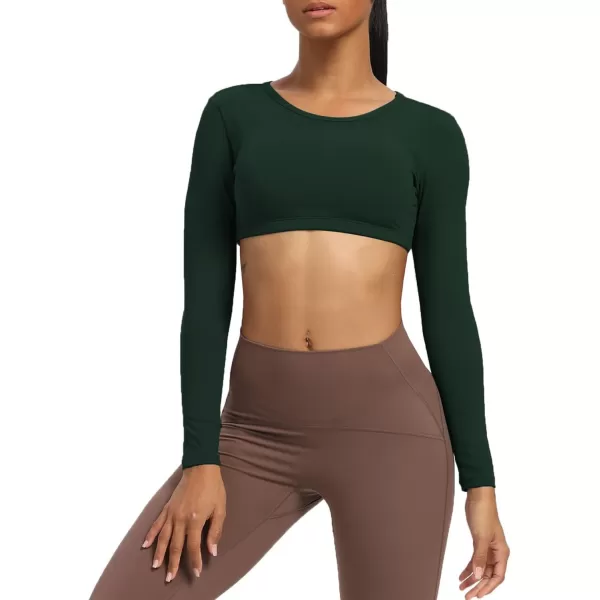 Aoxjox Long Sleeve Crop Tops for Women Clarissa Backless Workout Crop T Shirt TopForest Green Deep Depths Green