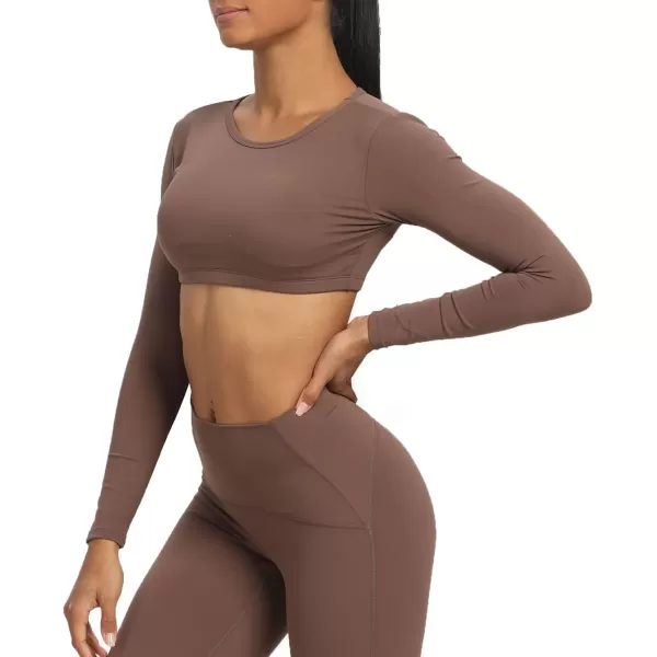 Aoxjox Long Sleeve Crop Tops for Women Clarissa Backless Workout Crop T Shirt TopFudge Coffee