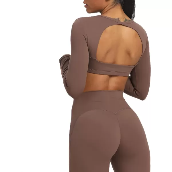 Aoxjox Long Sleeve Crop Tops for Women Clarissa Backless Workout Crop T Shirt TopFudge Coffee