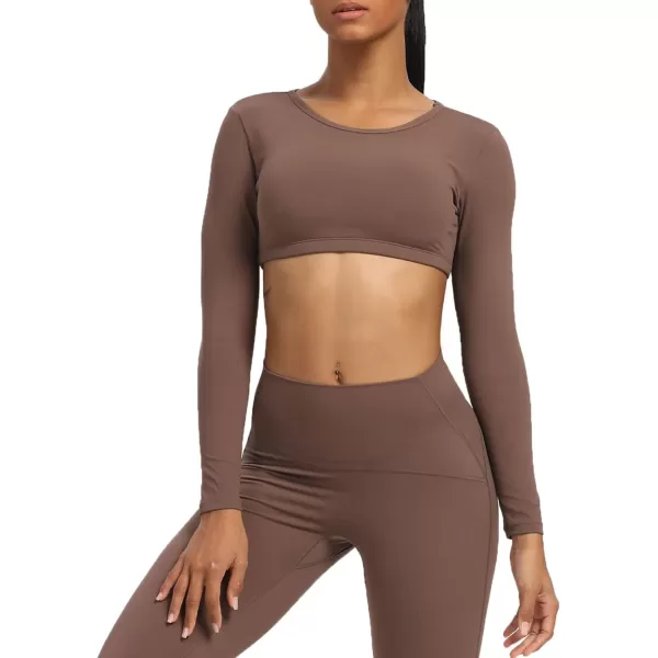 Aoxjox Long Sleeve Crop Tops for Women Clarissa Backless Workout Crop T Shirt TopFudge Coffee
