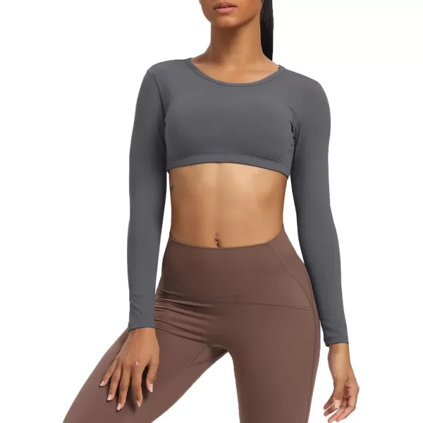 Aoxjox Long Sleeve Crop Tops for Women Clarissa Backless Workout Crop T Shirt TopIron Grey