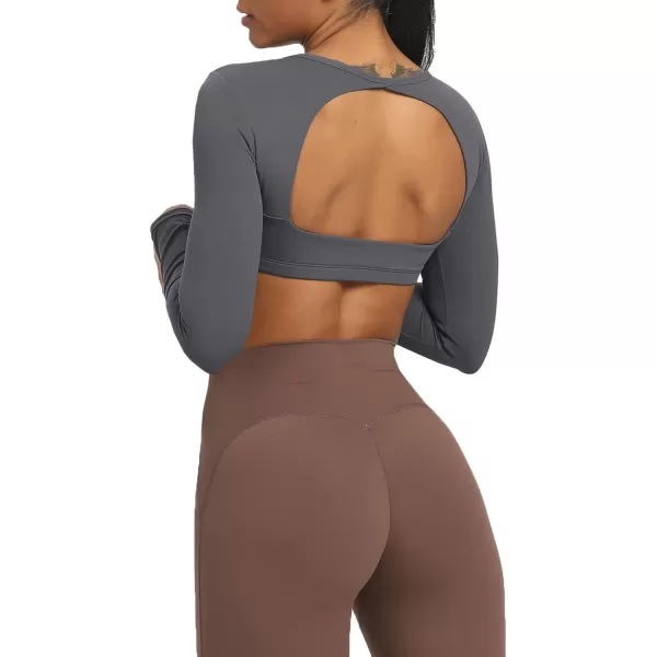 Aoxjox Long Sleeve Crop Tops for Women Clarissa Backless Workout Crop T Shirt TopIron Grey