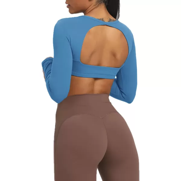 Aoxjox Long Sleeve Crop Tops for Women Clarissa Backless Workout Crop T Shirt TopMykonos Blue