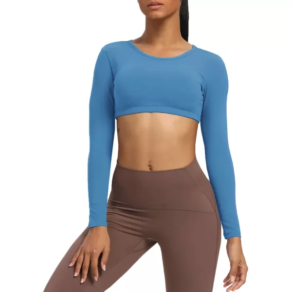 Aoxjox Long Sleeve Crop Tops for Women Clarissa Backless Workout Crop T Shirt TopMykonos Blue