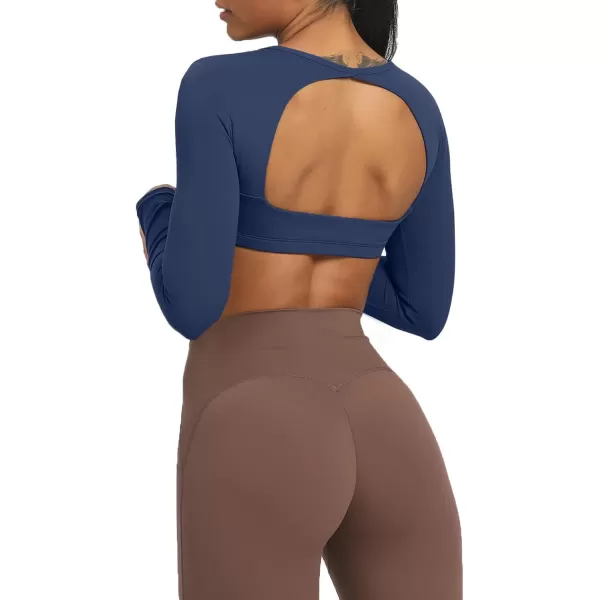 Aoxjox Long Sleeve Crop Tops for Women Clarissa Backless Workout Crop T Shirt TopNavy
