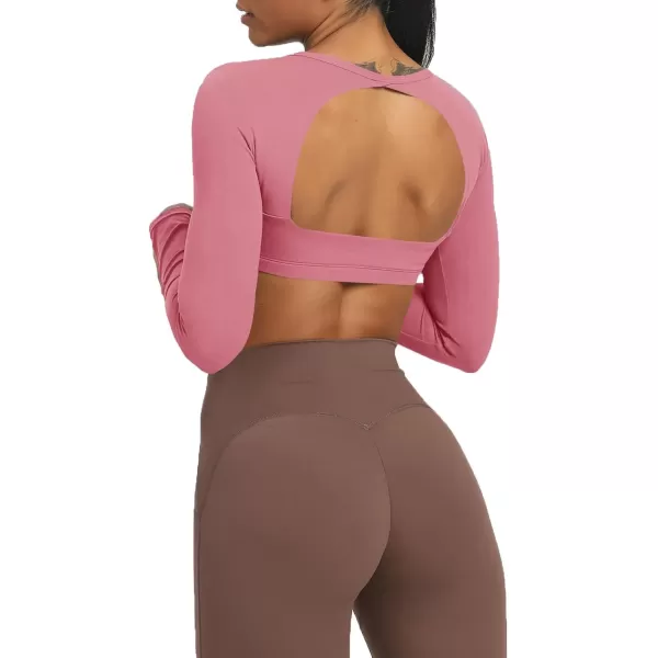 Aoxjox Long Sleeve Crop Tops for Women Clarissa Backless Workout Crop T Shirt TopPink