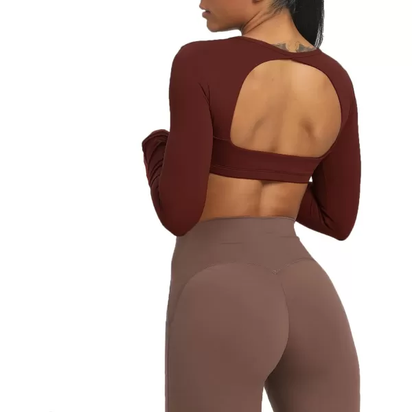 Aoxjox Long Sleeve Crop Tops for Women Clarissa Backless Workout Crop T Shirt TopRum Raisin