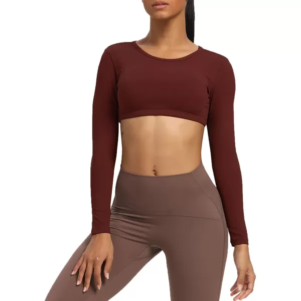 Aoxjox Long Sleeve Crop Tops for Women Clarissa Backless Workout Crop T Shirt TopRum Raisin