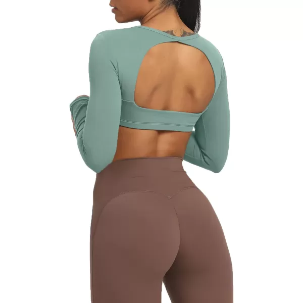 Aoxjox Long Sleeve Crop Tops for Women Clarissa Backless Workout Crop T Shirt TopSage Green