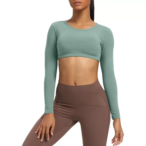 Aoxjox Long Sleeve Crop Tops for Women Clarissa Backless Workout Crop T Shirt TopSage Green