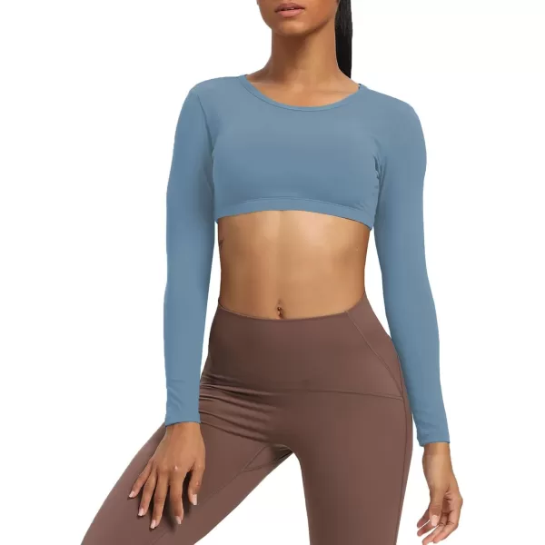 Aoxjox Long Sleeve Crop Tops for Women Clarissa Backless Workout Crop T Shirt TopSteel Blue