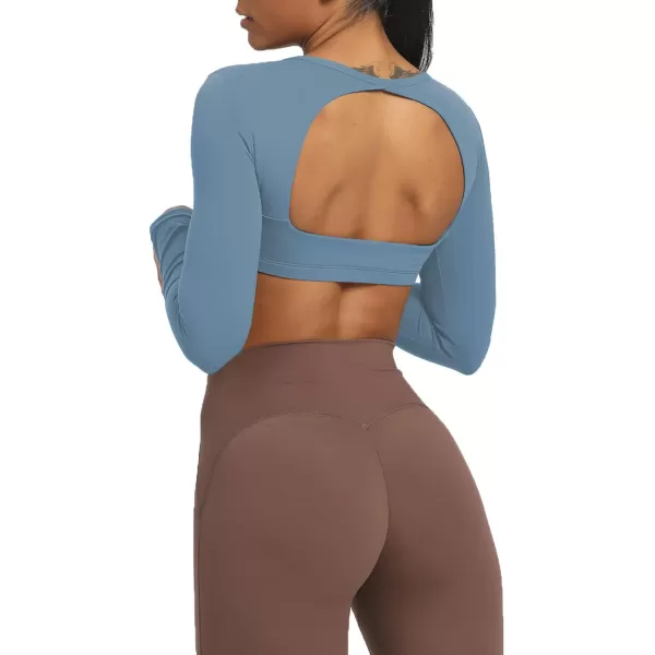 Aoxjox Long Sleeve Crop Tops for Women Clarissa Backless Workout Crop T Shirt TopSteel Blue