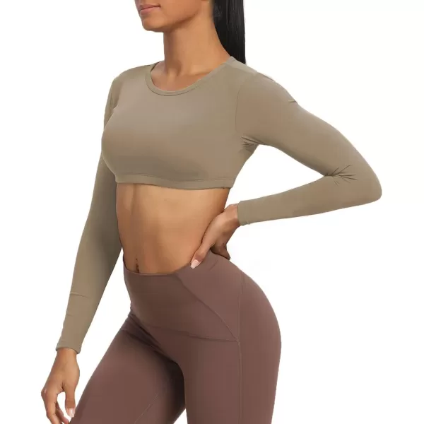 Aoxjox Long Sleeve Crop Tops for Women Clarissa Backless Workout Crop T Shirt TopTaupe