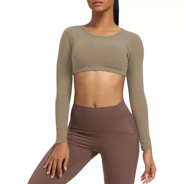 Aoxjox Long Sleeve Crop Tops for Women Clarissa Backless Workout Crop T Shirt TopTaupe
