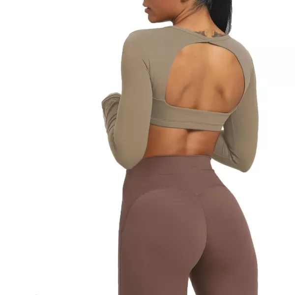 Aoxjox Long Sleeve Crop Tops for Women Clarissa Backless Workout Crop T Shirt TopTaupe