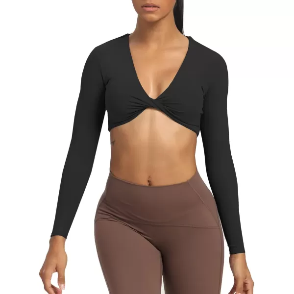 Aoxjox Long Sleeve Crop Tops for Women Sienna Twist Deep V Workout Crop T Shirt TopA Black