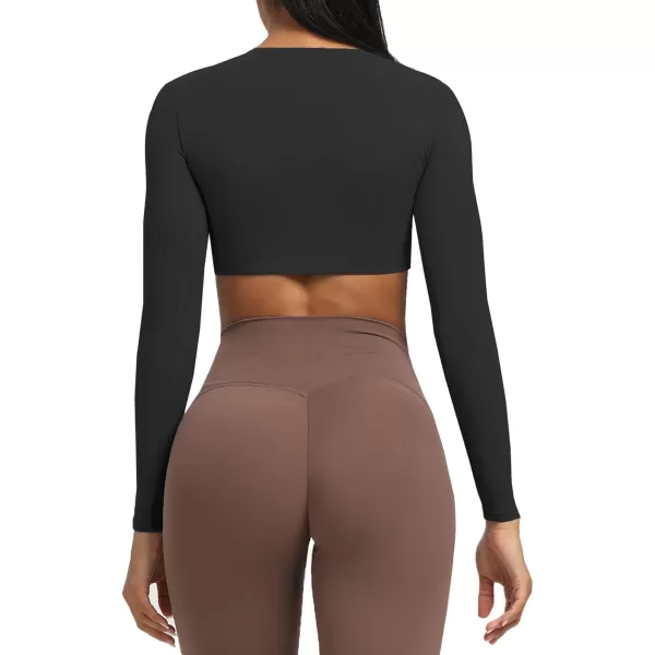 Aoxjox Long Sleeve Crop Tops for Women Sienna Twist Deep V Workout Crop T Shirt TopA Black