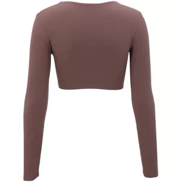 Aoxjox Long Sleeve Crop Tops for Women Sienna Twist Deep V Workout Crop T Shirt TopA Fudge Coffee