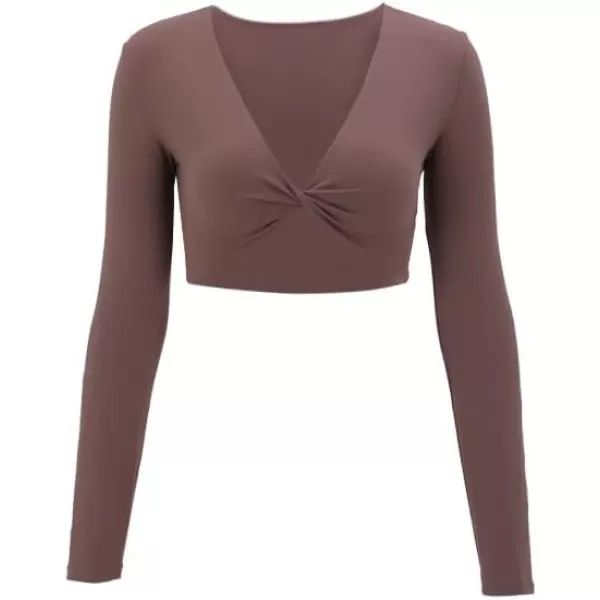 Aoxjox Long Sleeve Crop Tops for Women Sienna Twist Deep V Workout Crop T Shirt TopA Fudge Coffee