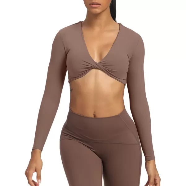 Aoxjox Long Sleeve Crop Tops for Women Sienna Twist Deep V Workout Crop T Shirt TopA Fudge Coffee