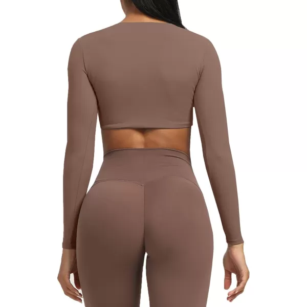 Aoxjox Long Sleeve Crop Tops for Women Sienna Twist Deep V Workout Crop T Shirt TopA Fudge Coffee