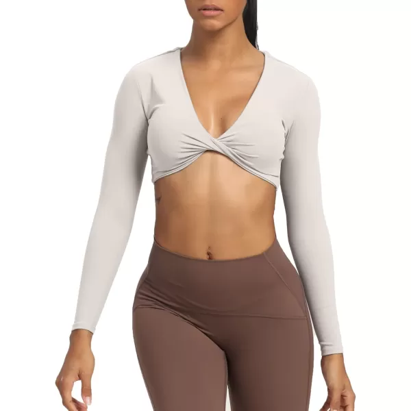 Aoxjox Long Sleeve Crop Tops for Women Sienna Twist Deep V Workout Crop T Shirt TopA Mink