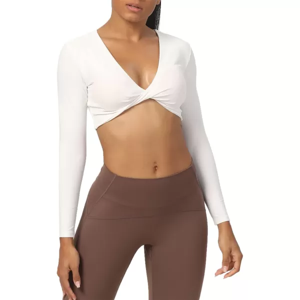 Aoxjox Long Sleeve Crop Tops for Women Sienna Twist Deep V Workout Crop T Shirt TopA White
