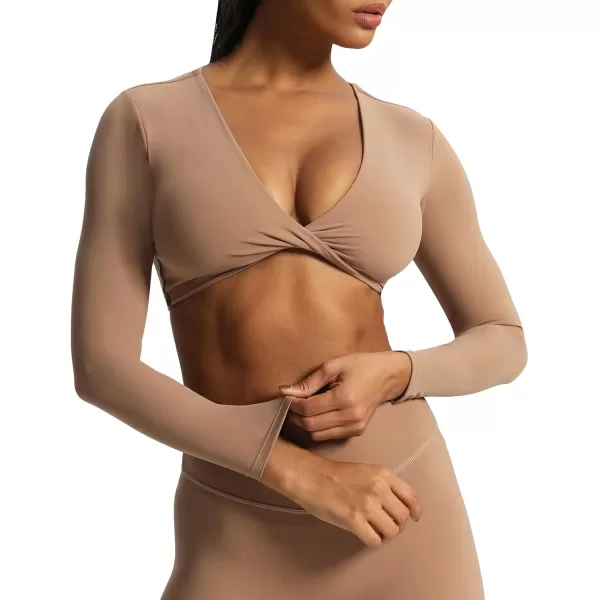 Aoxjox Long Sleeve Crop Tops for Women Sienna Twist Deep V Workout Crop T Shirt TopBrownie