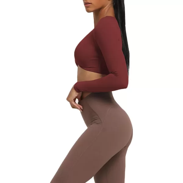 Aoxjox Long Sleeve Crop Tops for Women Sienna Twist Deep V Workout Crop T Shirt TopBurgundy Reddish Brown