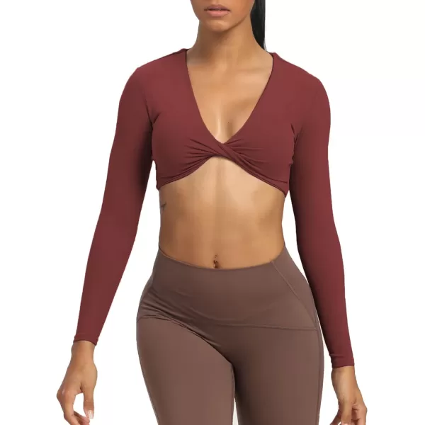 Aoxjox Long Sleeve Crop Tops for Women Sienna Twist Deep V Workout Crop T Shirt TopBurgundy Reddish Brown