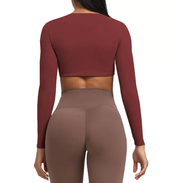 Aoxjox Long Sleeve Crop Tops for Women Sienna Twist Deep V Workout Crop T Shirt TopBurgundy Reddish Brown
