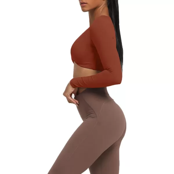 Aoxjox Long Sleeve Crop Tops for Women Sienna Twist Deep V Workout Crop T Shirt TopCherry Mahogany