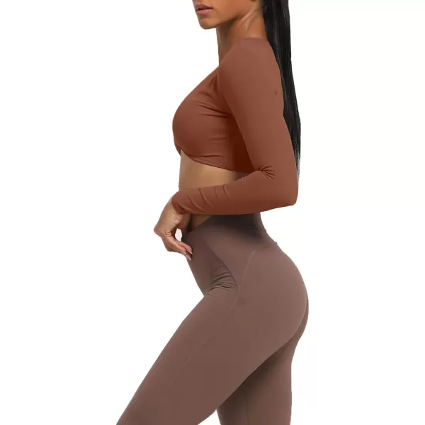 Aoxjox Long Sleeve Crop Tops for Women Sienna Twist Deep V Workout Crop T Shirt TopDandelion Brown