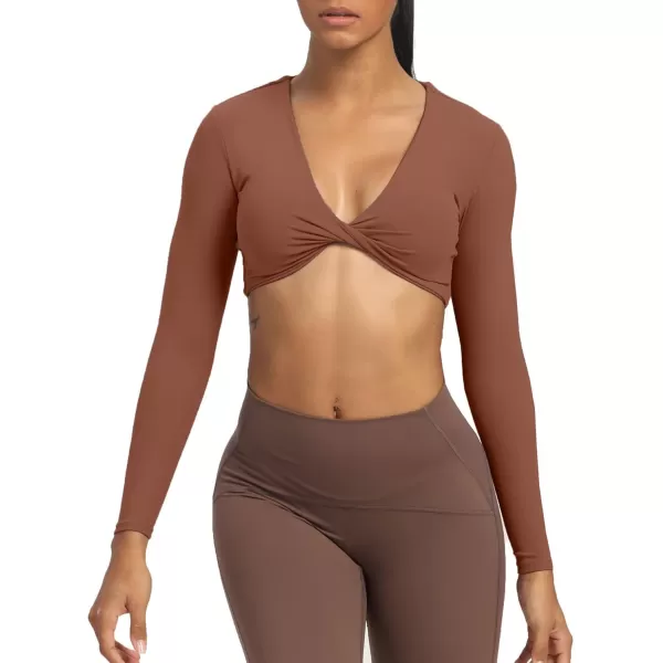 Aoxjox Long Sleeve Crop Tops for Women Sienna Twist Deep V Workout Crop T Shirt TopDandelion Brown