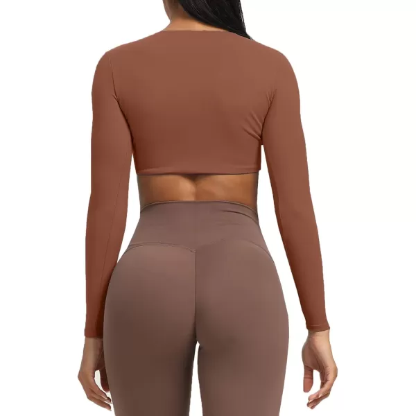 Aoxjox Long Sleeve Crop Tops for Women Sienna Twist Deep V Workout Crop T Shirt TopDandelion Brown