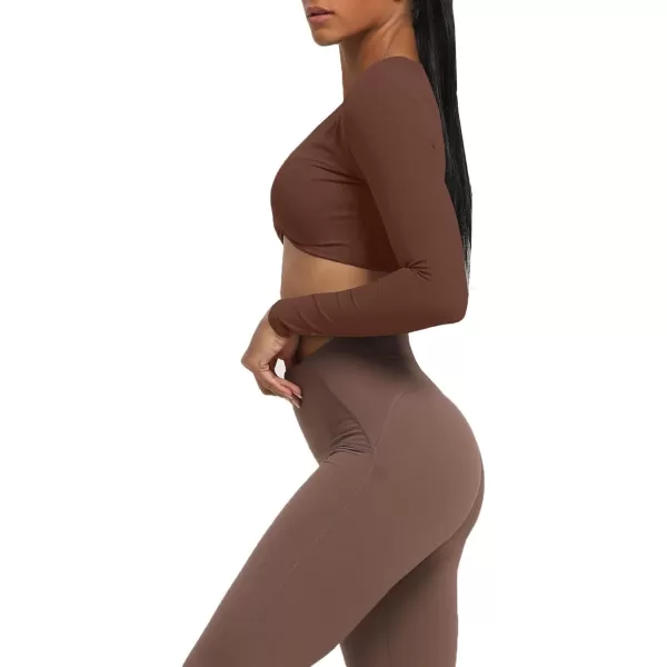 Aoxjox Long Sleeve Crop Tops for Women Sienna Twist Deep V Workout Crop T Shirt TopDark Brown