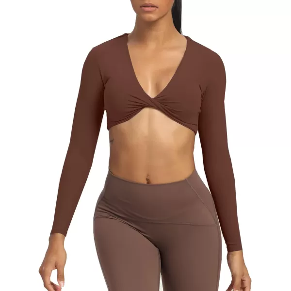 Aoxjox Long Sleeve Crop Tops for Women Sienna Twist Deep V Workout Crop T Shirt TopDark Brown
