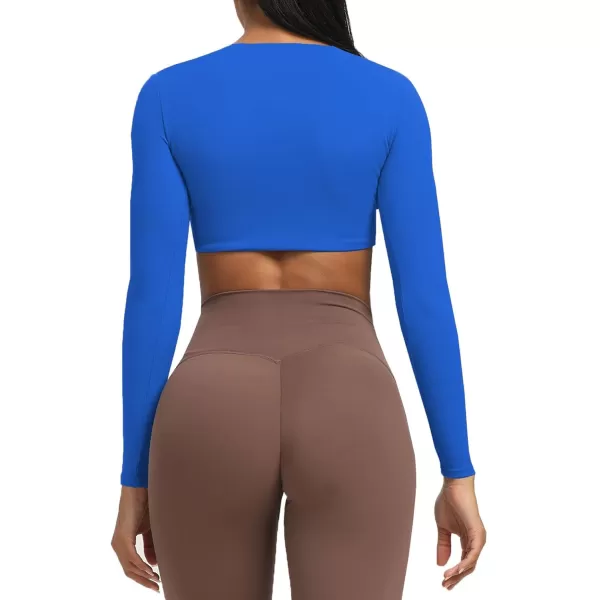 Aoxjox Long Sleeve Crop Tops for Women Sienna Twist Deep V Workout Crop T Shirt TopDirectoire Blue