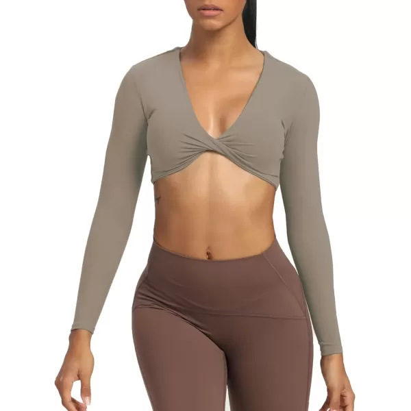 Aoxjox Long Sleeve Crop Tops for Women Sienna Twist Deep V Workout Crop T Shirt TopDriftwood