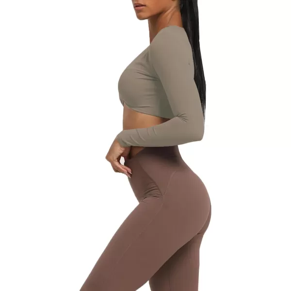 Aoxjox Long Sleeve Crop Tops for Women Sienna Twist Deep V Workout Crop T Shirt TopDriftwood