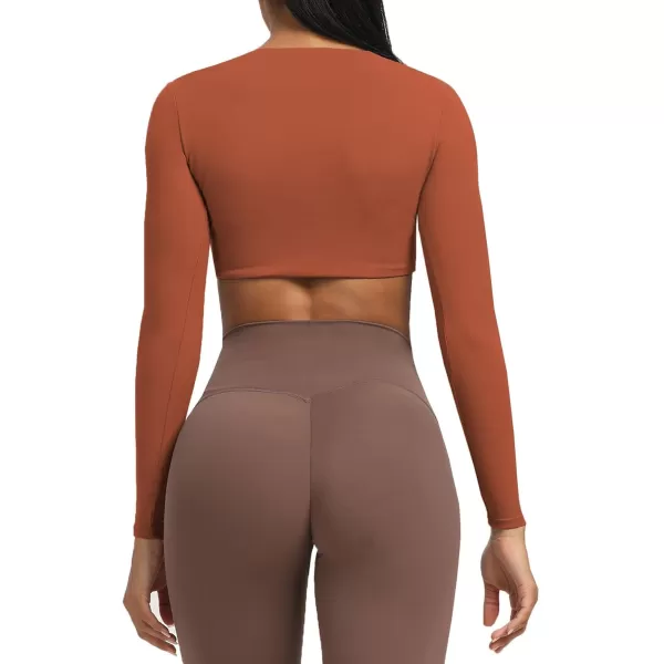 Aoxjox Long Sleeve Crop Tops for Women Sienna Twist Deep V Workout Crop T Shirt TopEarthy Brown