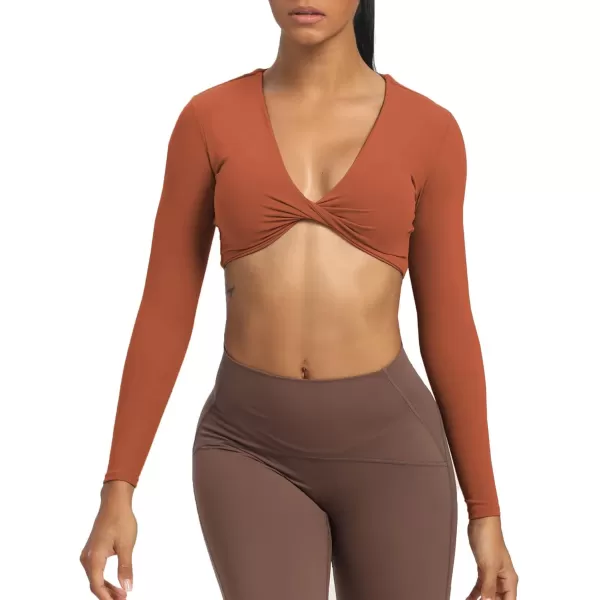 Aoxjox Long Sleeve Crop Tops for Women Sienna Twist Deep V Workout Crop T Shirt TopEarthy Brown