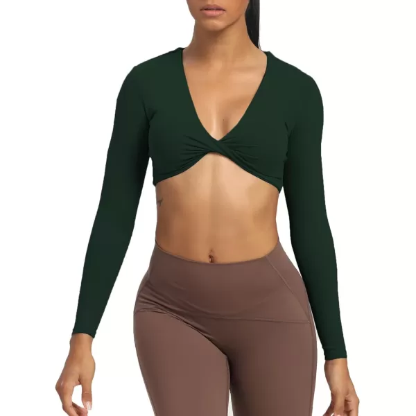 Aoxjox Long Sleeve Crop Tops for Women Sienna Twist Deep V Workout Crop T Shirt TopForest Green Deep Depths Green