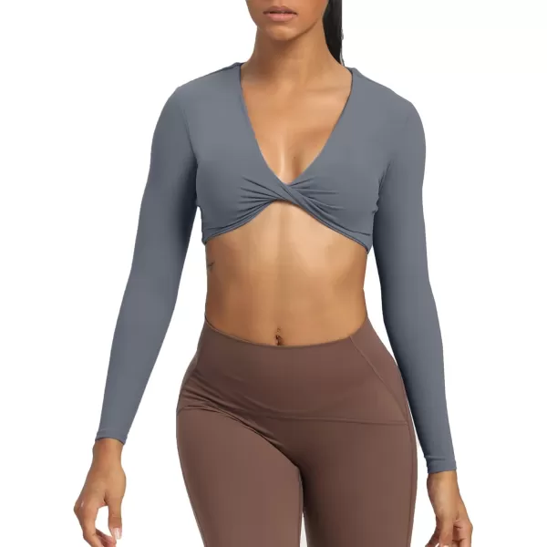 Aoxjox Long Sleeve Crop Tops for Women Sienna Twist Deep V Workout Crop T Shirt TopIron Grey