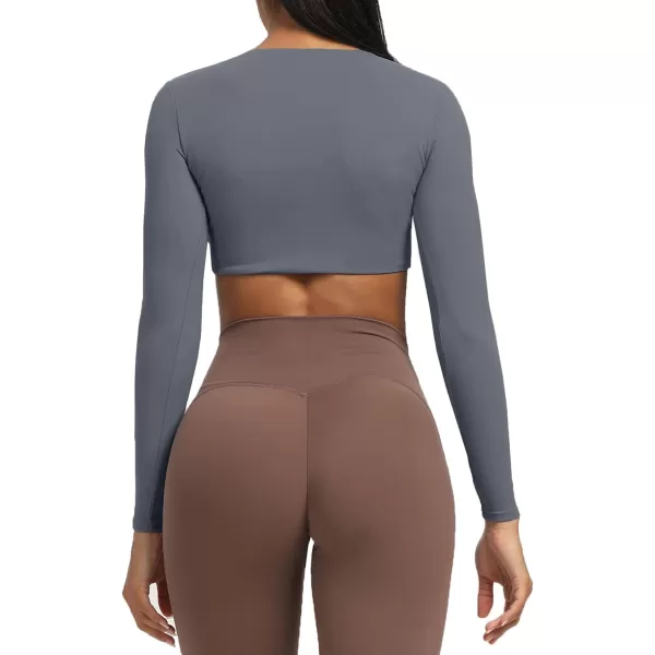 Aoxjox Long Sleeve Crop Tops for Women Sienna Twist Deep V Workout Crop T Shirt TopIron Grey
